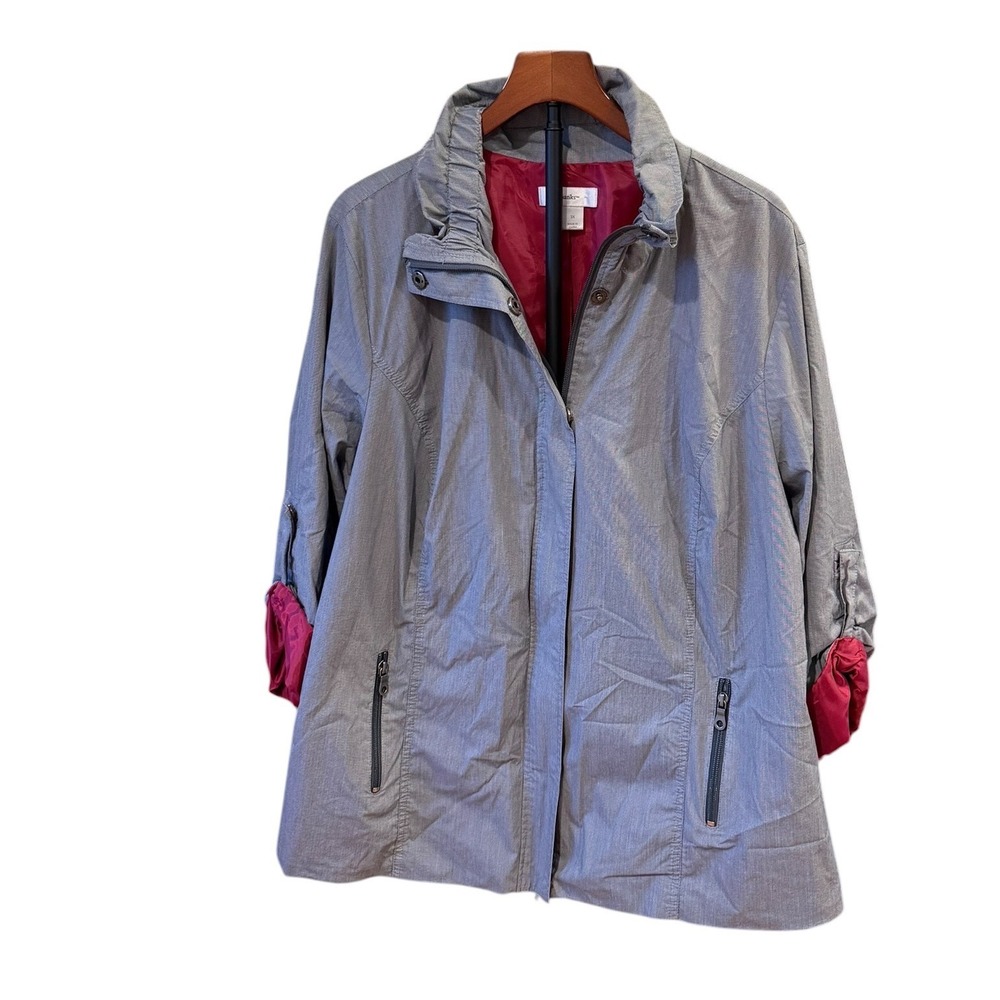 CJ Banks Gray Check Roll Tab Sleeve Lightweight Jacket Pink Lining 3x runs 2x